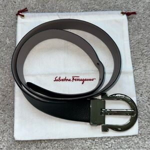 Ferragamo Women's 3cm Leather Belt Reversible Black / Grey Silver Metal SZ M